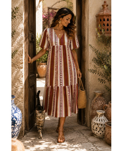 Vestido Largo Estampado con  Motivo de Piñas tonos rosas