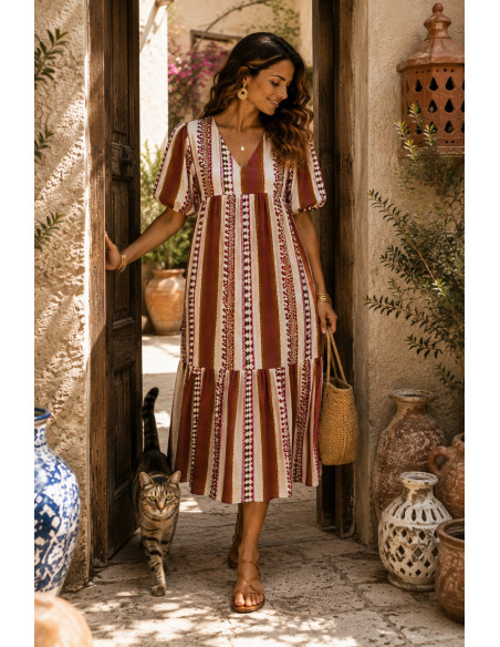 Vestido Largo Estampado con  Motivo de Piñas tonos rosas