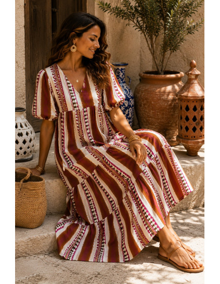 Vestido Largo Estampado con  Motivo de Piñas tonos rosas