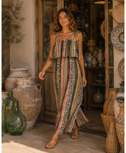 Vestido Combinado con Animal Print y Rayas en Tonos verdes