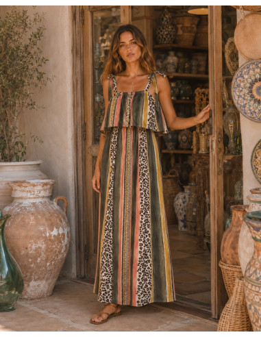 Vestido Combinado con Animal Print y Rayas en...