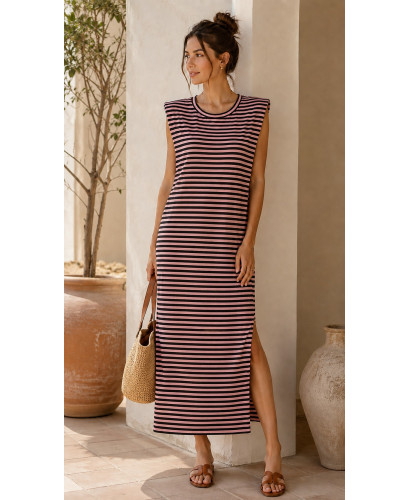Vestido Largo de Rayas Chocolate y rosa con Hombreras