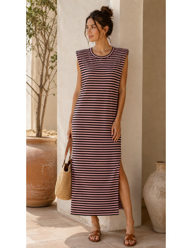 Vestido Largo de Rayas Chocolate y rosa con...