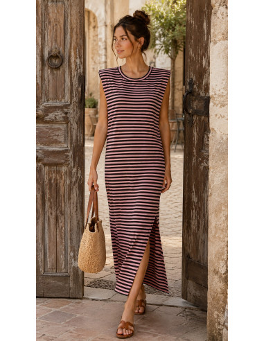 Vestido Largo de Rayas Chocolate y rosa con...