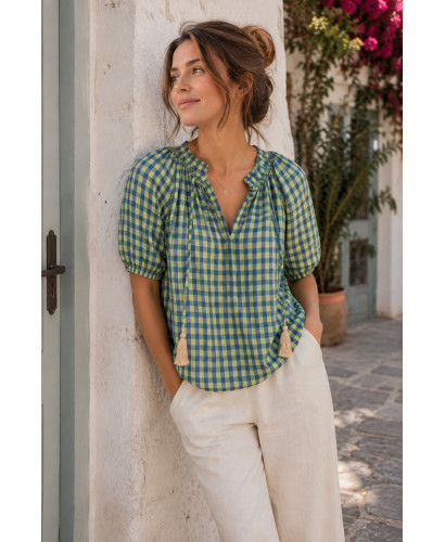 Blusa de Cuadros Vichy verde flúor y azul