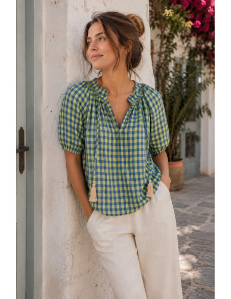 Blusa de Cuadros Vichy verde flúor y azul