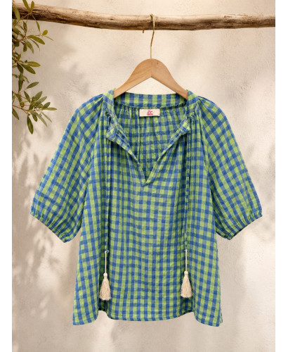 Blusa de Cuadros Vichy verde flúor y azul 2