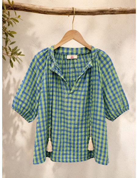 Blusa de Cuadros Vichy verde flúor y azul