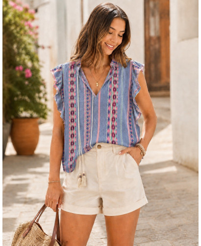💙 Blusa Bordada Estampada con Volantes y Escote de Pico