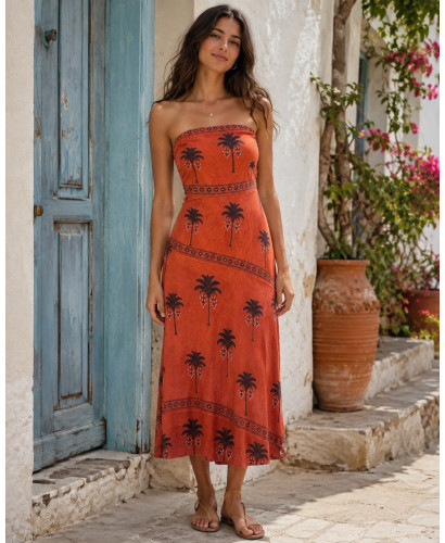 Vestido Palabra de Honor teja con palmeras