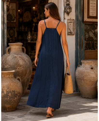 Vestido Largo de Lino azul marino con Tirante Regulable 2