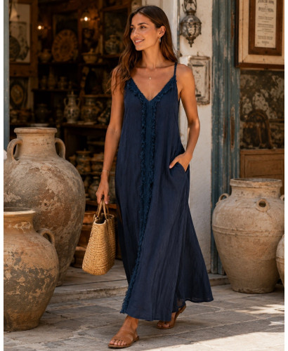 Vestido Largo de Lino azul marino con Tirante Regulable