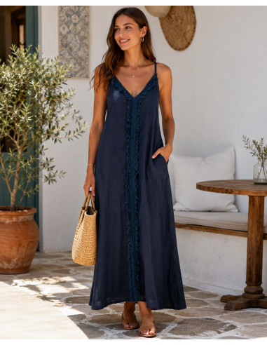 Vestido Largo de Lino azul marino con Tirante...
