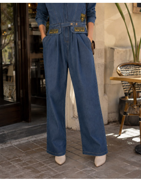 👖 Mono Denim Estilo Utility con Cuello Mao y Manga Globo