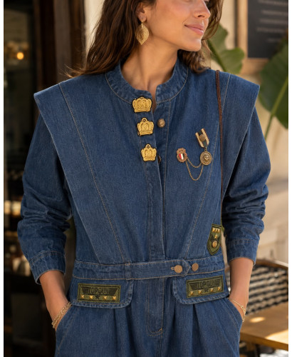 👖 Mono Denim Estilo Utility con Cuello Mao y Manga Globo 2