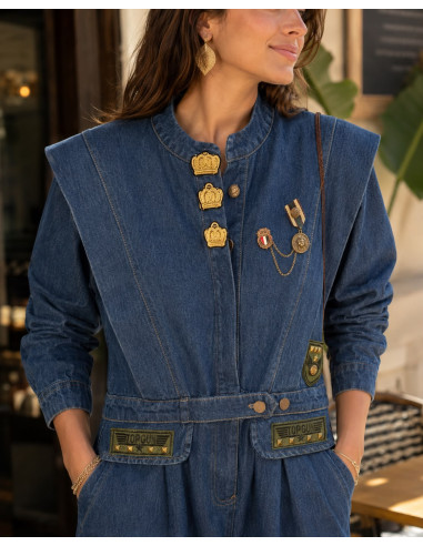 👖 Mono Denim Estilo Utility con Cuello Mao y...