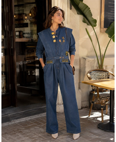 👖 Mono Denim Estilo Utility con Cuello Mao y Manga Globo