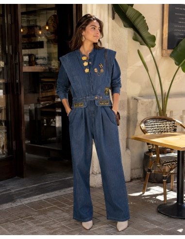 👖 Mono Denim Estilo Utility con Cuello Mao y...