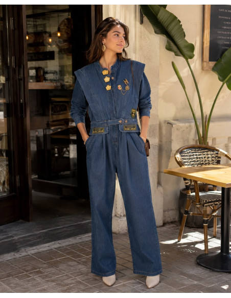 👖 Mono Denim Estilo Utility con Cuello Mao y Manga Globo