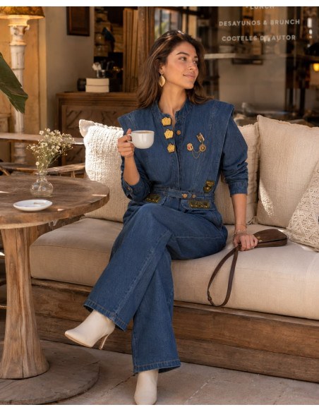 👖 Mono Denim Estilo Utility con Cuello Mao y Manga Globo