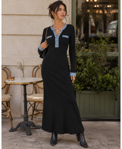 Vestido canalé negro con detalles denim