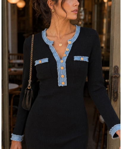 Vestido canalé negro con detalles denim 2