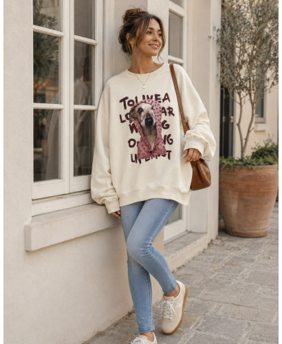 Sudadera Oversize Cruda con Perro y Detalles de Cristales