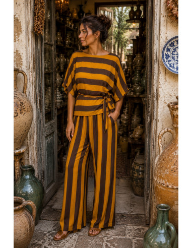 Conjunto de Blusón y Pantalón a Rayas Mostaza y...