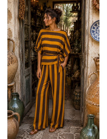 Conjunto de Blusón y Pantalón a Rayas Mostaza y Chocolate