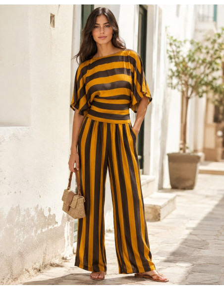 Conjunto de Blusón y Pantalón a Rayas Mostaza y Chocolate