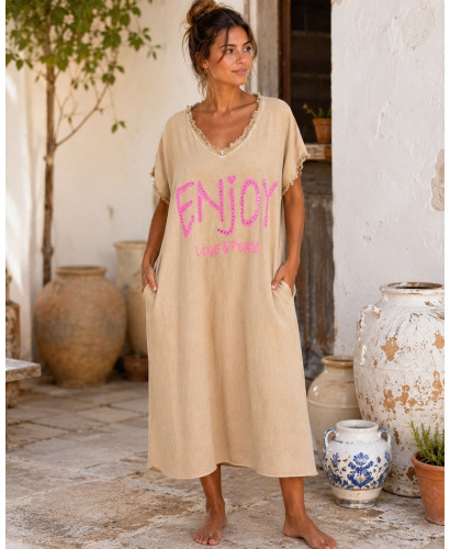 Vestido camel Efecto Lavado con Mensaje LOVE & PEACE