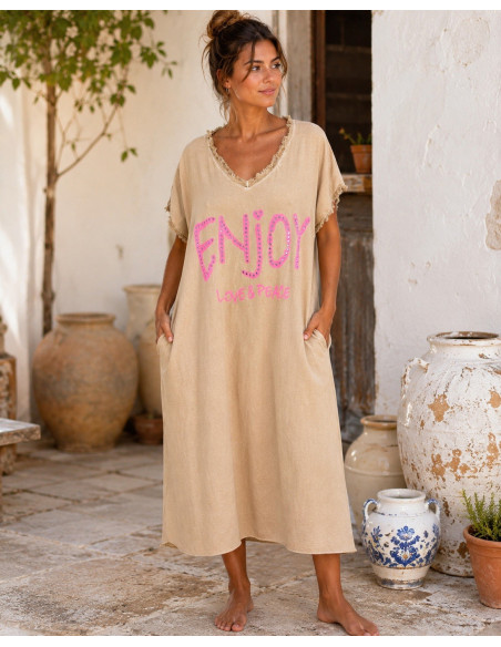 Vestido camel Efecto Lavado con Mensaje LOVE & PEACE