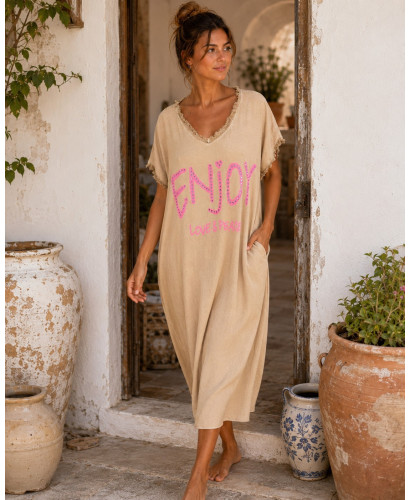Vestido camel Efecto Lavado con Mensaje LOVE & PEACE 2