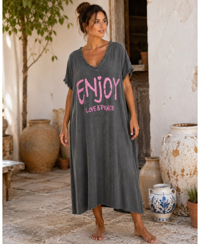 Vestido chocolate Efecto Lavado con Mensaje LOVE & PEACE