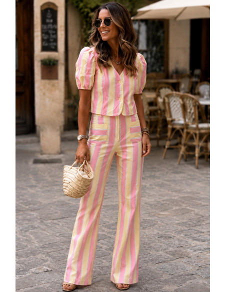 Conjunto de Rayas Amarillo y Rosa con Pantalón de Pata Ancha