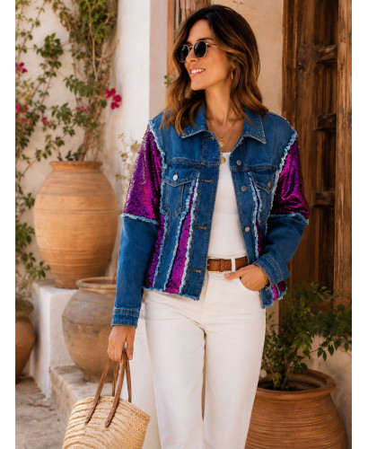 Chaqueta Vaquera con Lentejuelas Rosas y Acabado Desflecado 2