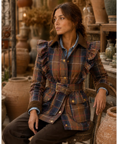 Chaqueta de Cuadros con Volantes y Cinturón