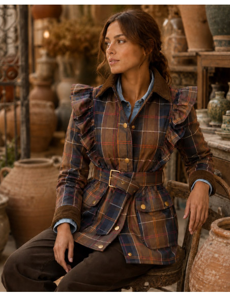 Chaqueta de Cuadros con Volantes y Cinturón