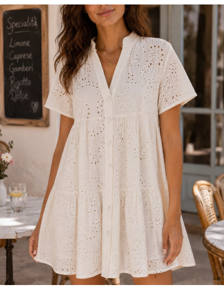 ✨ Vestido Babydoll Batista Bordada Crudo manga corta  ✨