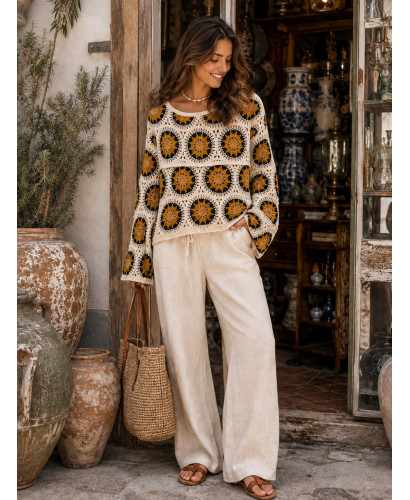 Suéter de Crochet Mostaza, Negro y Camel