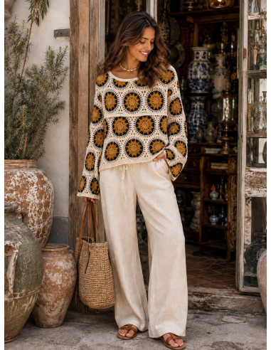 Suéter de Crochet Mostaza, Negro y Camel