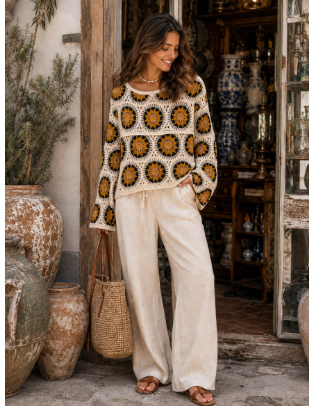 Suéter de Crochet Mostaza, Negro y Camel