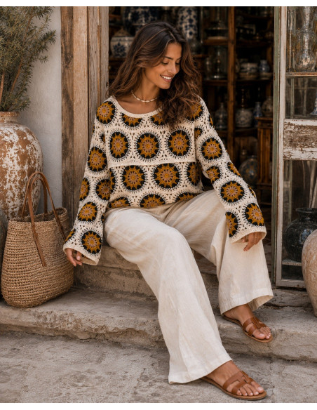 Suéter de Crochet Mostaza, Negro y Camel