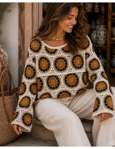 Suéter de Crochet Mostaza, Negro y Camel