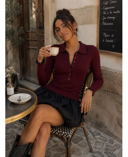 Vestido corto granate con volante negro 2