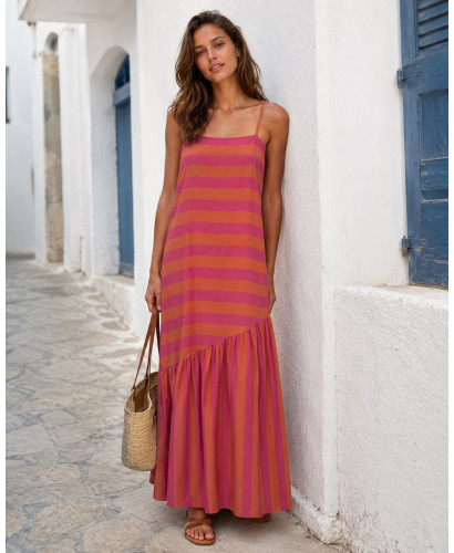 Vestido largo de rayas naranja y rosa  con diseño asimétrico