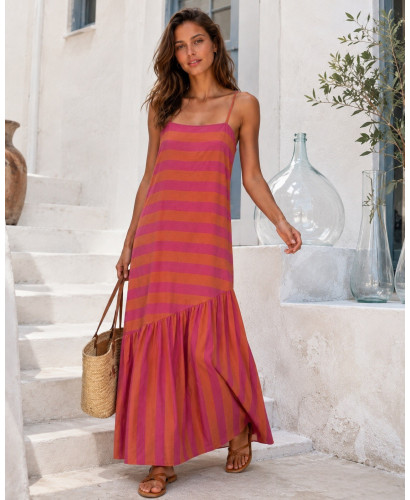 Vestido largo de rayas naranja y rosa  con diseño asimétrico 2