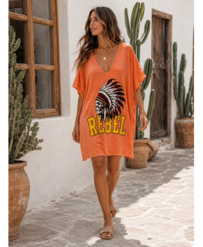 Vestido Camiseta Rebel – Estampado Tribal en naranja