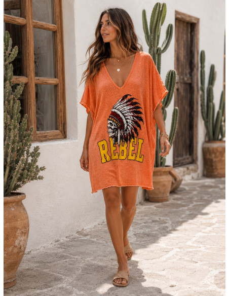 Vestido Camiseta Rebel – Estampado Tribal en naranja