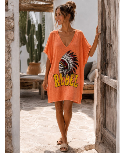 Vestido Camiseta Rebel – Estampado Tribal en naranja 2